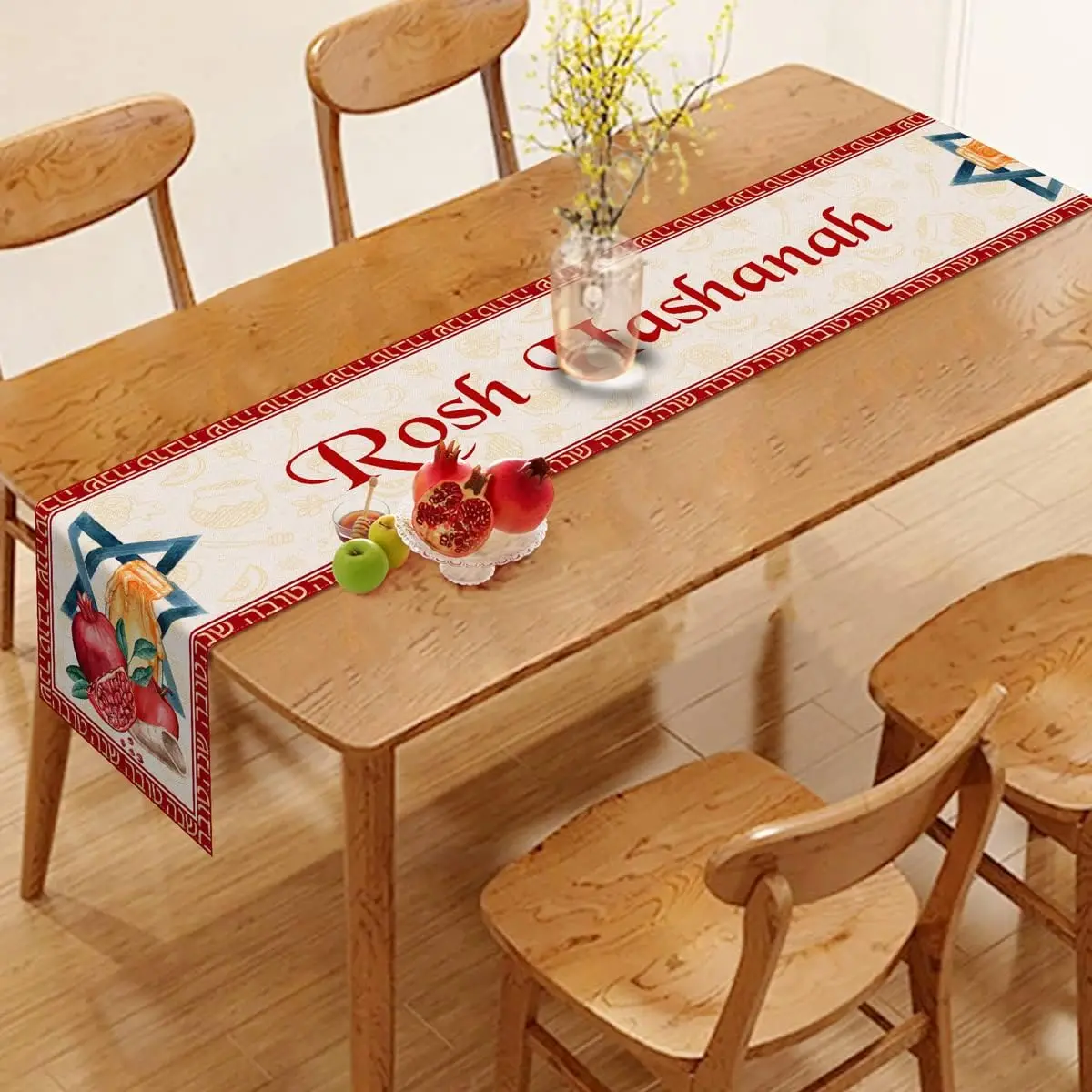 Rosh Hashanah Pomegranate Honey Linen Table Runner Jewish Holiday Decor Shana Tova Jewish New Year Home Kitchen Table Decor