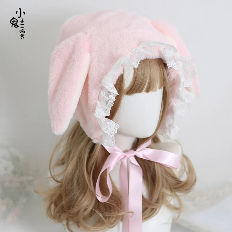 New Winter Lolita y2k Beanies Girls Cute Rabbit Ears Hat for Women Warm Thick caps Hooded Hats