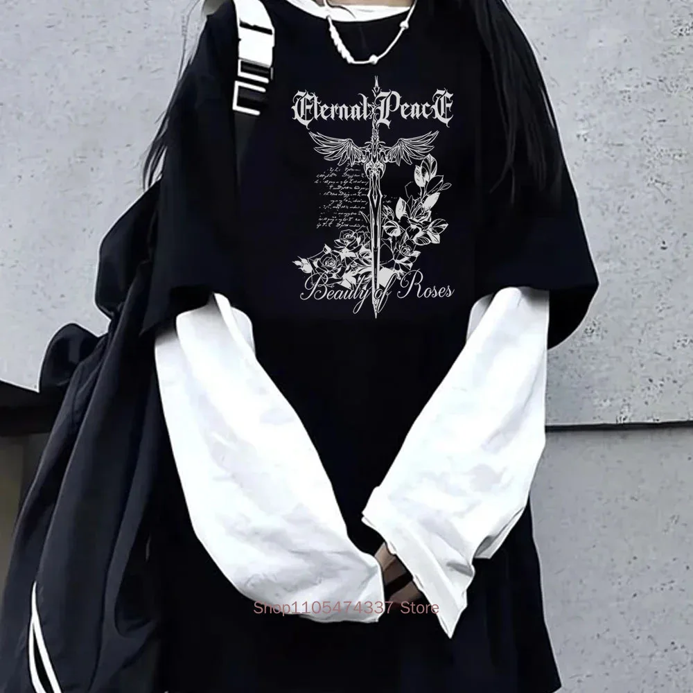 Women Sword Y2K Print Graphic Fake Two Long Sleeved T-shirts Fashion Gothic Retro Casual Loose Fake Two Long Sleeved T Shirt