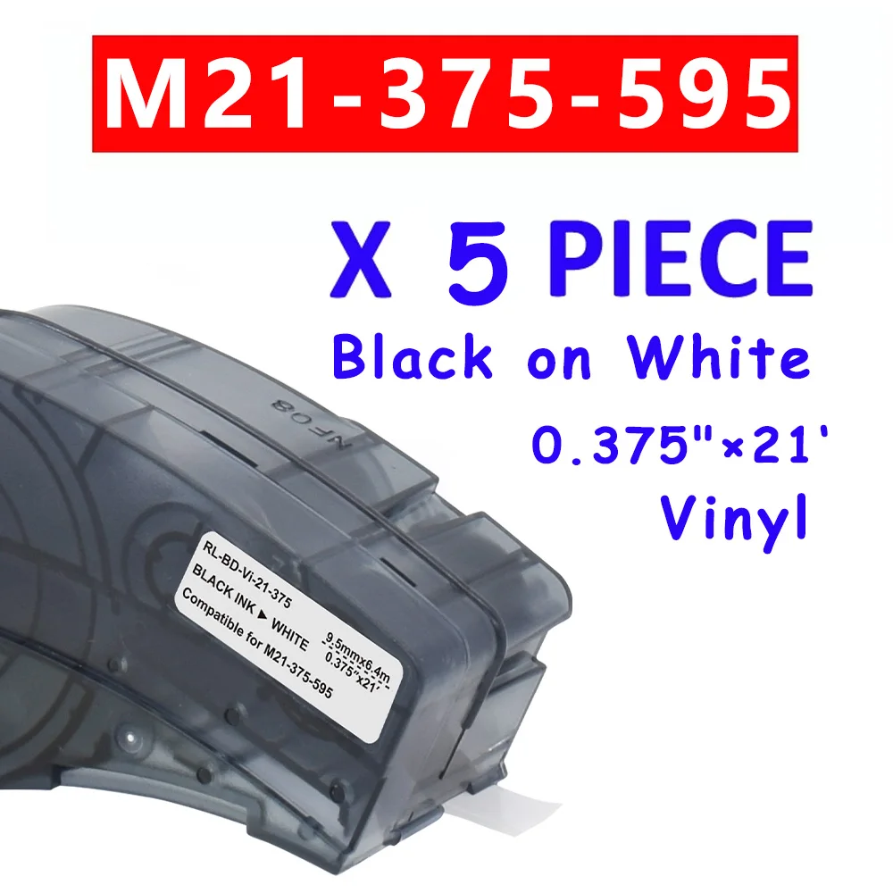 10PK M21-375-595 0.37'' 6.4m Vinyl Black on White Label Tape Cintas for Use in Brady BMP21 Plus Lab Handheld Ribbons
