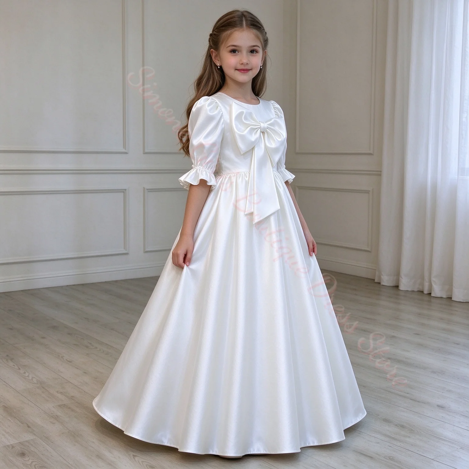Girl Gown High Waist White Flower Girl Dress For Wedding Bubble Sleeves Satin Birthday First Communion Dress With Bow Custom