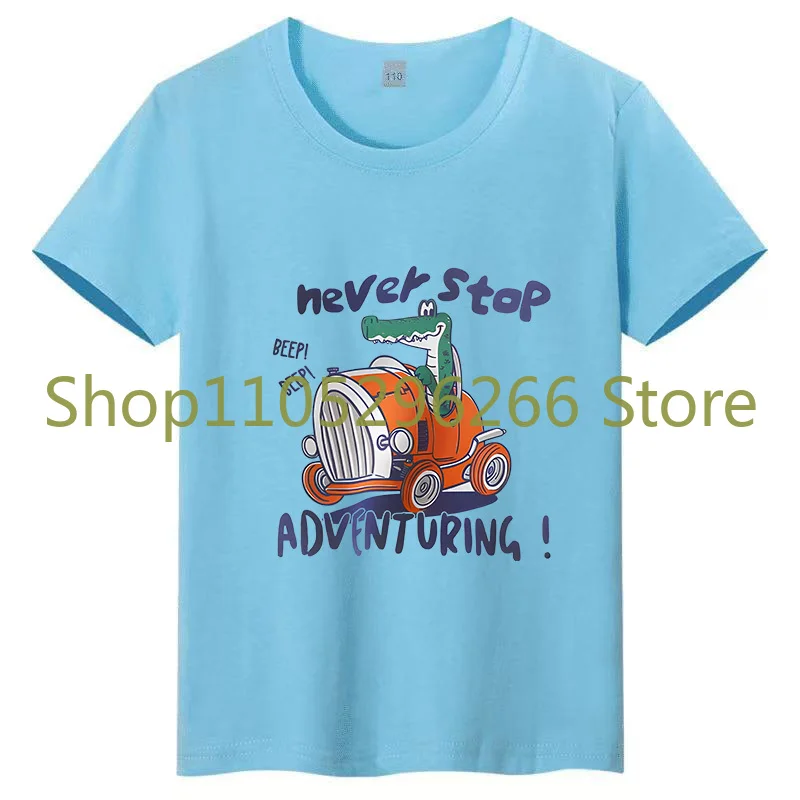 

Summer Baby Girl Color T-shirt Retro Crocodile Car Cartoon Printed Children's Short Sleeved Pure Cotton Parent-child T-shirt