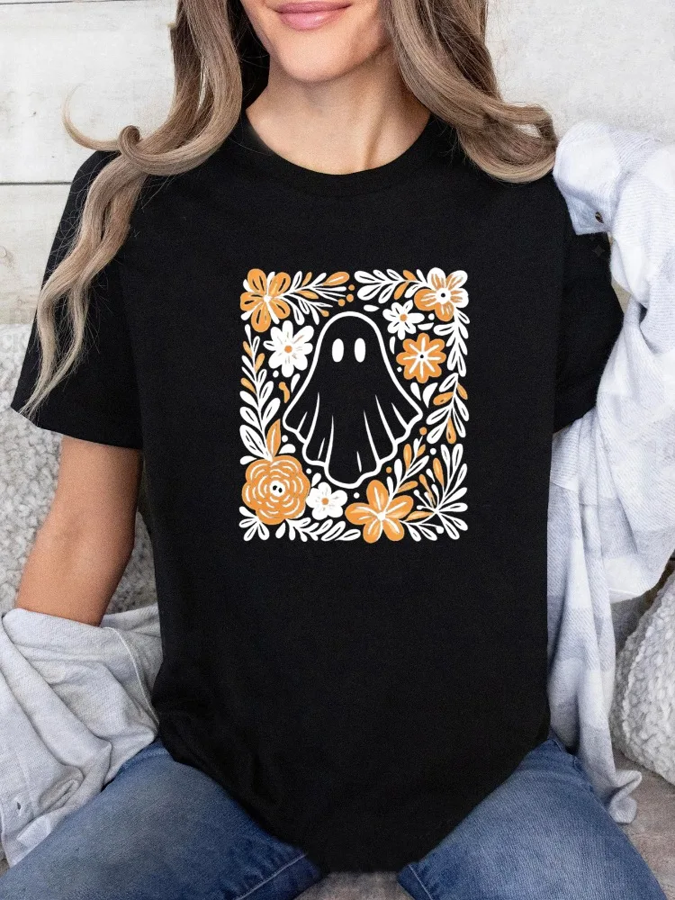

Осенняя футболка в богемном стиле на Хэллоуин, повседневная футболка унисекс с круглым вырезом и короткими рукавами, удобная рубашка с цветочным принтом и тыквой