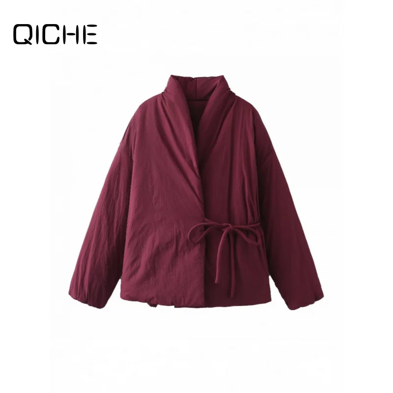 QICHE 2026 Winter Outerwear, Ladies Wrap Kimono Cut Cotton Coat Bow Tie Detail Loose Lightweight Padded Jacket