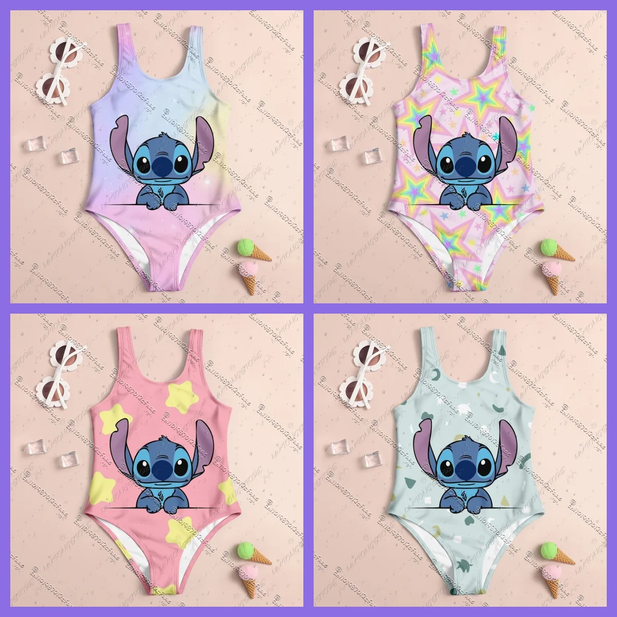 

25-26 MINISO summer new original Stitch cute kids baby girl swimsuit girls women's one-piece swimsuit 3D printing beach clothes