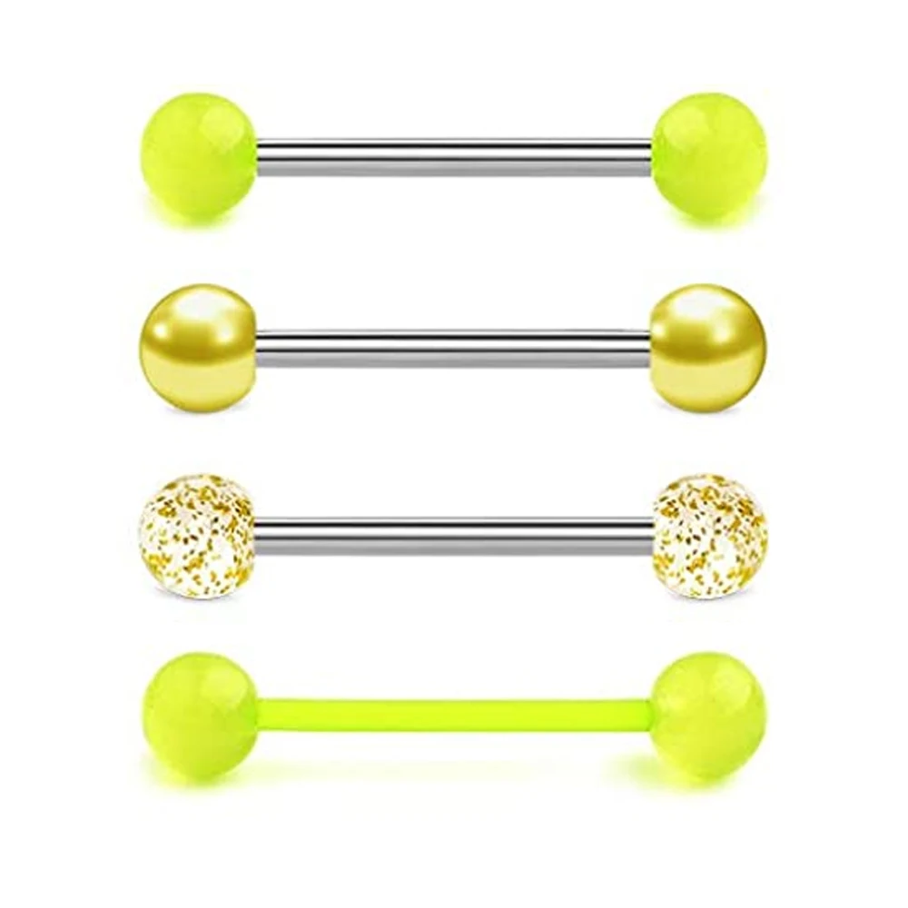 1PCS/4PCS Stainless Steel 14G Tongue Rings Barbell Glow Tongue Barbell Jewelry for Women piercing Tongue Piercing Yellow
