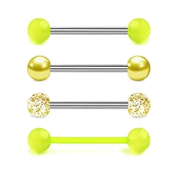 1PCS/4PCS Stainless Steel 14G Tongue Rings Barbell Glow Tongue Barbell Jewelry for Women piercing Tongue Piercing Yellow