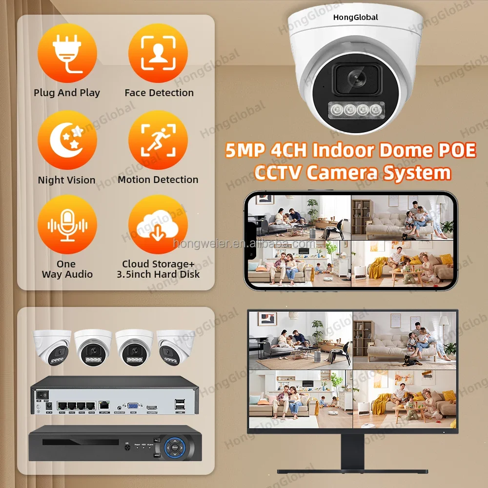 HongGlobal 5MP 4-kanałowy zestaw inteligentnych kamer HD IP z rejestratorem wideo sieciowym, system monitoringu POE NVR, bezprzewodowy system kamer CCTV