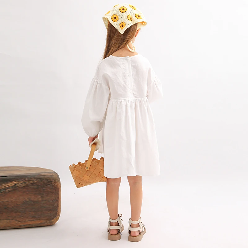 Girls White Cotton And Linen Dress Spring New Baby Girl V-Neck Casual Loose Linen Long-Sleeved A-Line Dress Doll Princess Dresse