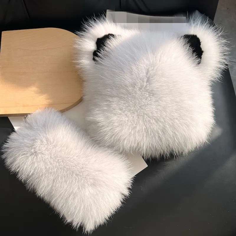

Real Fox Fur Beanies Women Knitted Cap High Quality Fashion Bear Ear Hat with Neck Warmer
