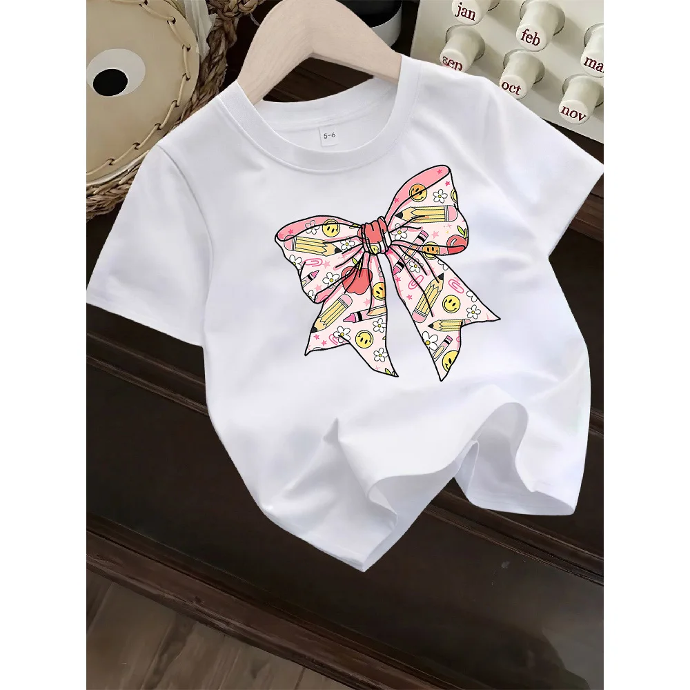 Summer Children's T-shirt Loose Comfortable Soft Skin Friendly Outdoor Sports Fashionable and Versatile Bow Print Top