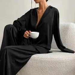 Satin Silk Sleepwear Low Cut Sexy Pajamas For Women Single-Breasted Long Sleeves Wide Leg Pants Trouser Suits Oversized
