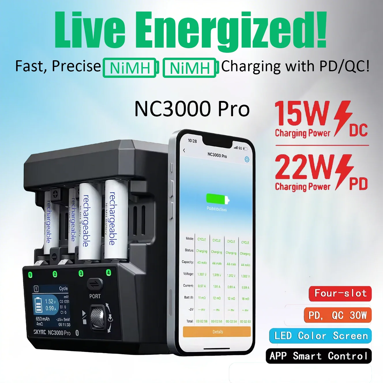 

SKYRC Smart Battery Charger NC3000 PRO NiMH NiCd Battery PD/QC AA/AAA Color LED Screen APP Control Four-Slot Charger Discharg
