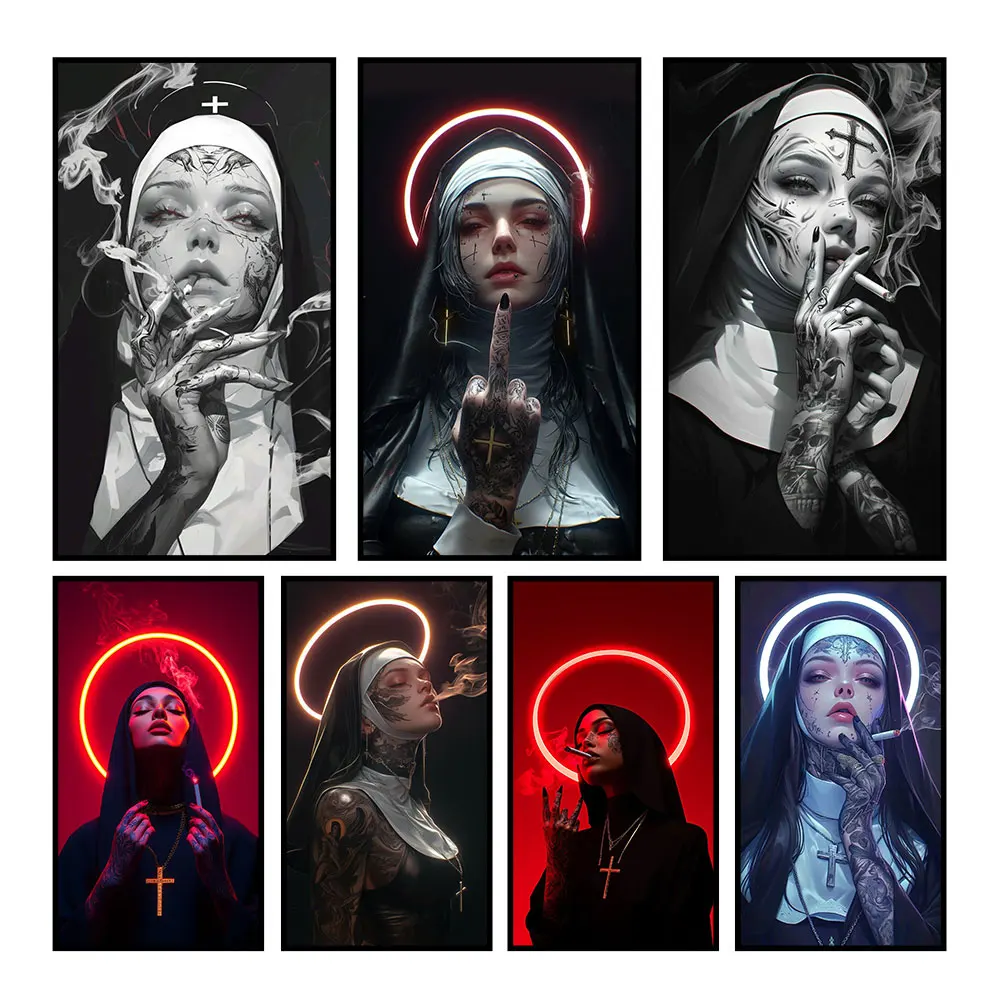 Sexy Tattoo Machine Gun Nun Poster Print Christian Smoking Nun Canvas Painting Living Room Background Bar Cafe Wall Home Decor