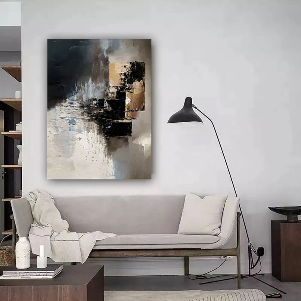 Handmade Abstract Oil Painting On Canvas Modern Landscape Wall Art Retro Gold Foil Picture For Living Room Decor Artwork Gift