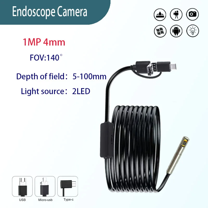 1MP 4mm FOV140° Side View Wide Angle Endoscope Camera for Pipe Inner Wall Inspection USB 3 in 1 Industrial Endoscope Probe