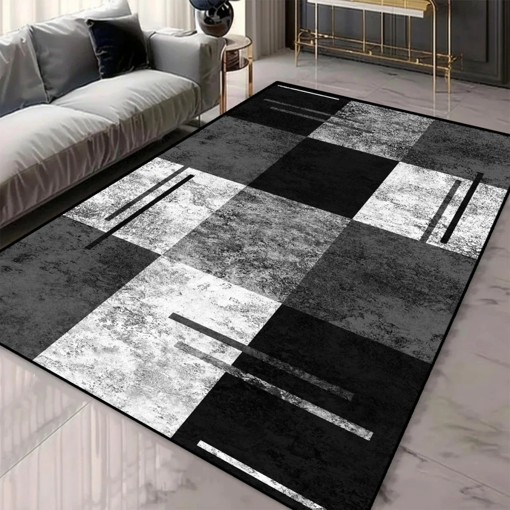 Gray Geometric Block Pattern Area Rug Non Slip Mat for Living Room Bedroom Modern Minimalist Home Decor Abstract Check Perfect