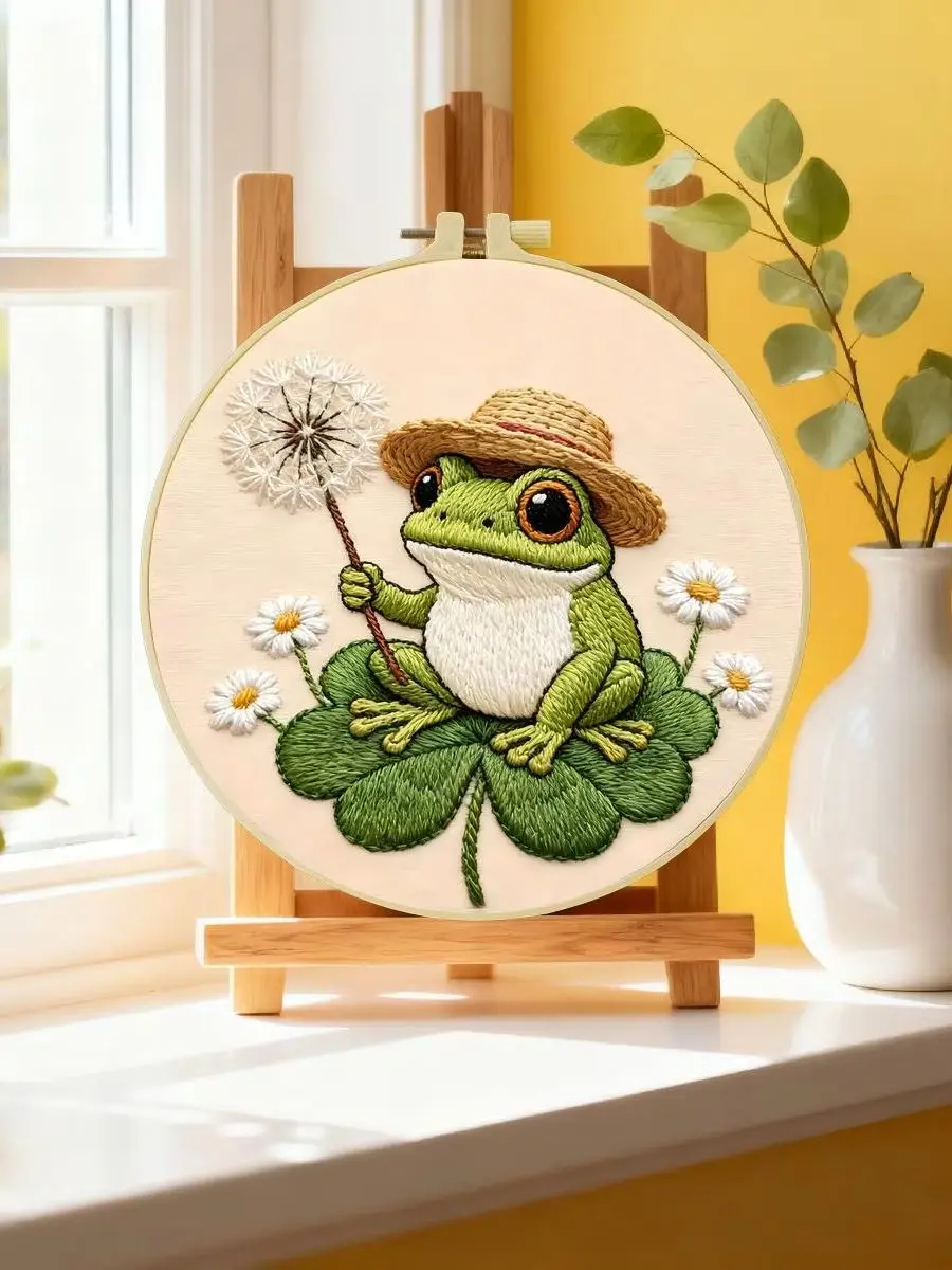 1 Stück 20X20CM/15X15CM 7,87/6,3 Zoll Der Frosch mit Hut Stickerei Starter-Kit DIY-Kit DIY-Stickerei-Set Handarbeiten – Detail 6
