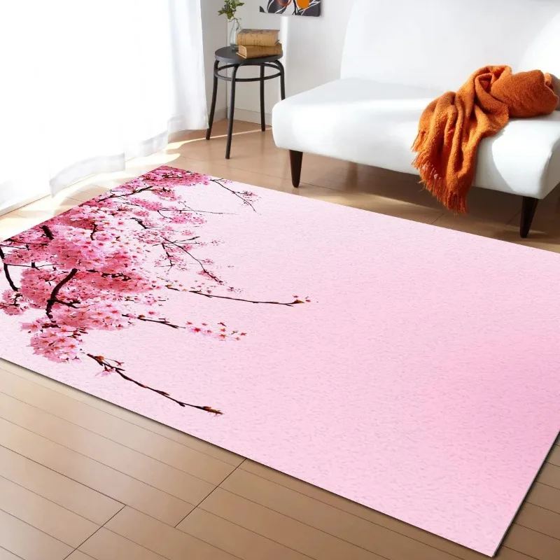 Girl Pink Floral Carpet Japanese Cherry Blossoms Area Rugs Non Slip Spring Romantic Flower Floor Mat for Bedside Living Room