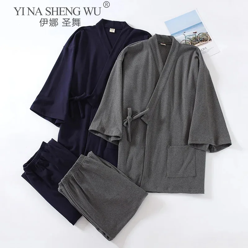 مريحة منامة Homewear الخريف الشتاء يوكاتاس جديد 2 قطعة منامة دعوى اليابان نمط كيمونو رداء موضة ملابس خاصة الرجال ثوب النوم