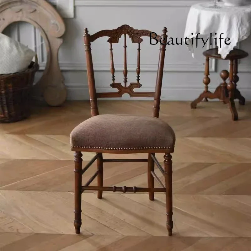 

American country retro solid wood dining chair antique soft stool French engraving designer home fashion