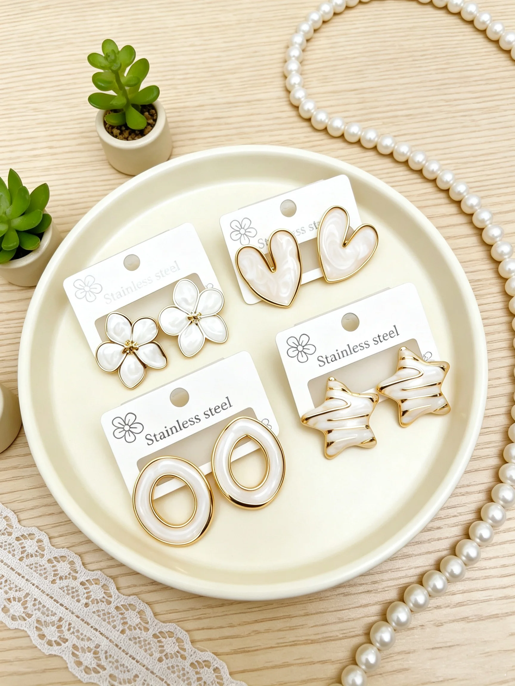 4 Pairs Stainless Steel Stud Earrings Set for Women Heart Flower Star Oval Pearl Texture Gold Color Hypoallergenic Jewelry Gift
