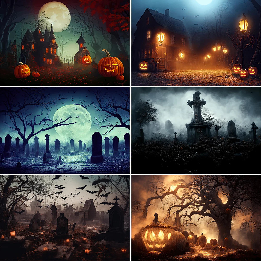 Bonvvie Halloween Backdrop Dark Forest Tomb Tombstone Castle Pumpkin Skull Moon Family Party Decoration Photography Background