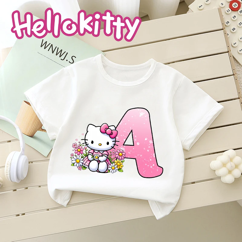 

Sanrio Hello Kitty футболка с надписью A-Z для малышей, детская хлопковая одежда, летняя уличная одежда с мультяшным принтом, топы на день рождения для девочек, подарки