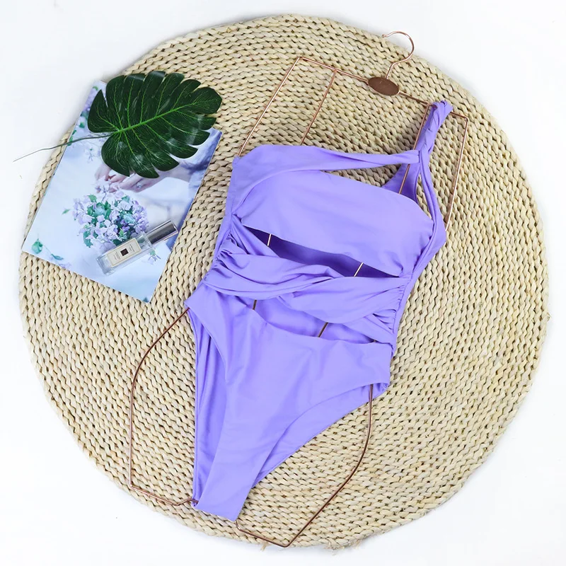 2024 New one-piece swimsuit solid color sexy hollow backless one-piece bikini swimsuit women One Shoulder Skirt Female Swimwear