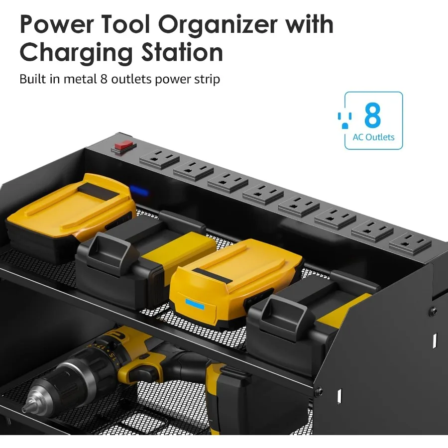 CCCEI Modular Power Tool Organizer Wall Mount Charging Station Black 6 Drills Holder with 8 Plug Power Strip Garage Drill Batte