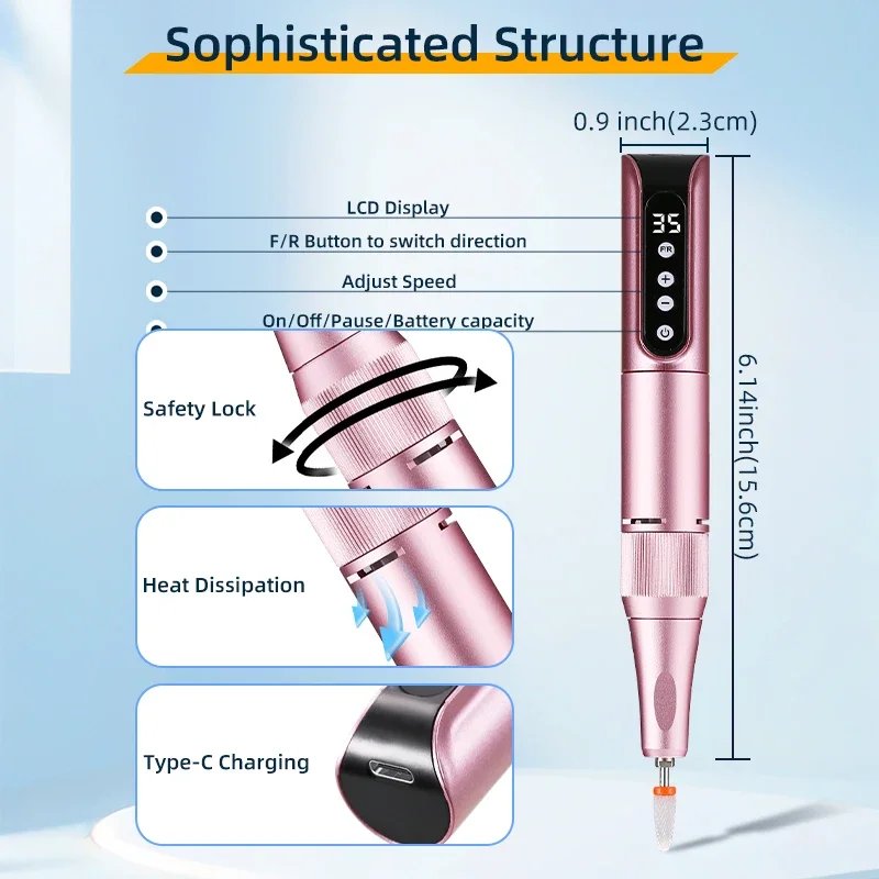 35000 دورة في الدقيقة اللاسلكية مسمار الحفر القلم USB ملف الأظافر تلميع القلم قابلة للشحن مسمار آلة الحفر المحمولة مانيكير الحفر صالون أداة #6