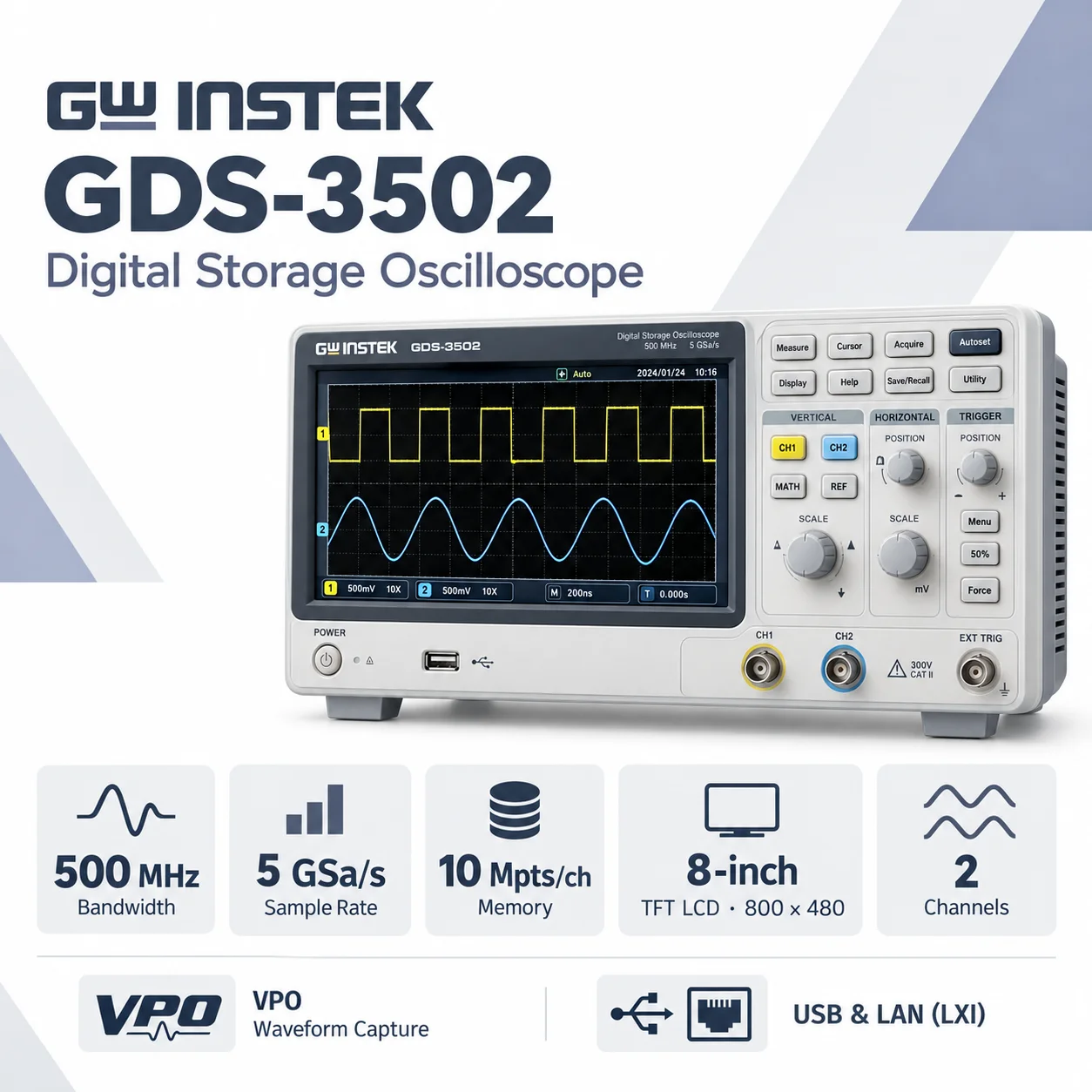 GW Instek GDS-3504 Advanced Waveform Diagnostic System, 500 MHz Signal Acquisition, Multi-Channel Testing and Frequency Analysis