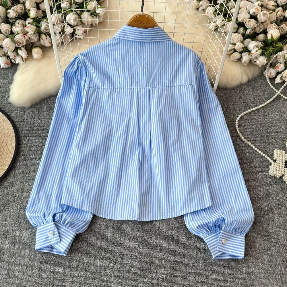 Vintage Turn-down Collar Chic Rhinestone Ruffle Striped Single Breasted Top Women Korean Streetwear High Street Autumn Blouse