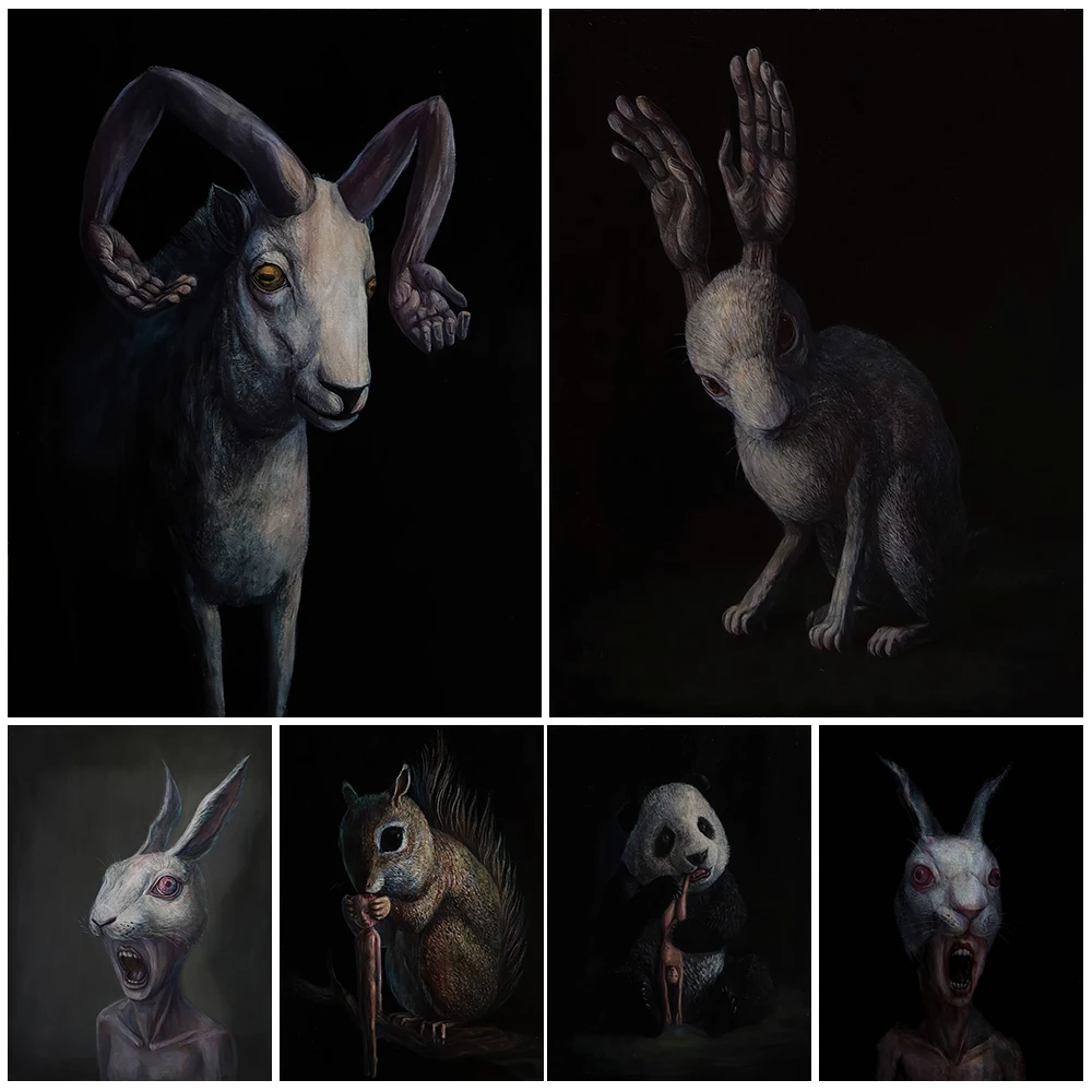 Terrible Carnivorous Rabbits,Squirrels And Pandas Wall Art Canvas Painting Surreal Dark Terrifying Animal Art Poster Print Decor