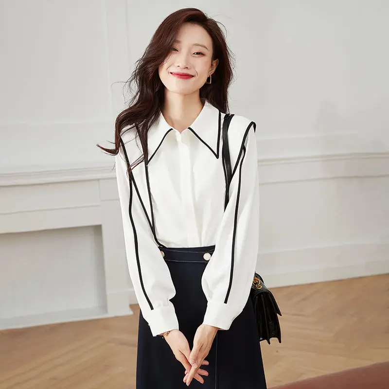 Fashion Spliced Button Bright Line Decoration Shirts Women's Clothing 2023 Autumn Winter Loose Korean Tops Office Lady Blouses