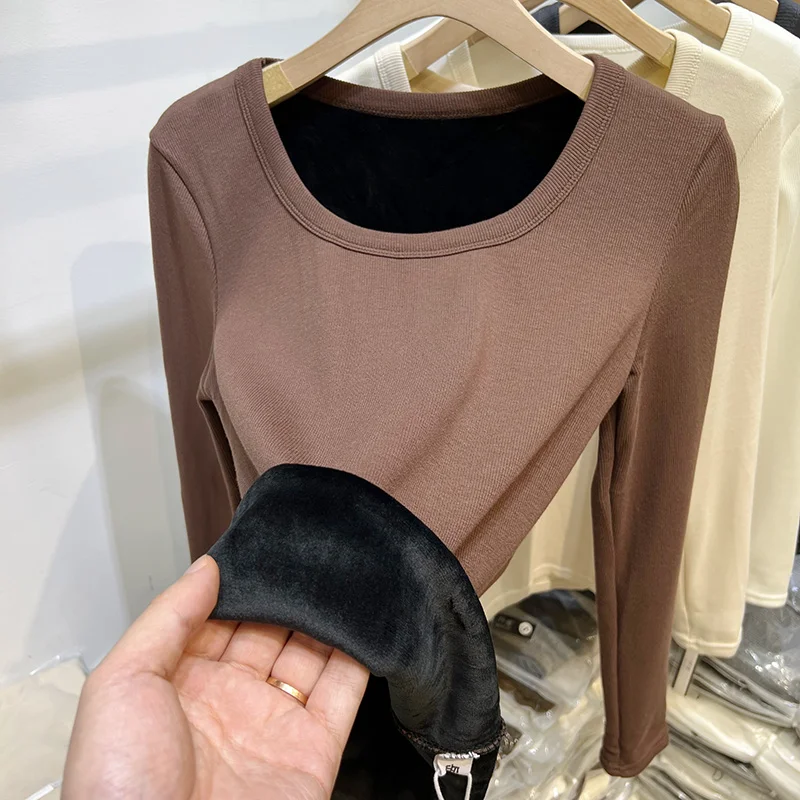 

Women's Fleece Lined Long Sleeve T-Shirt Low round Neck Base Layer Shirt Korean Style Commute Pure Color Polyester Elastic Fiber