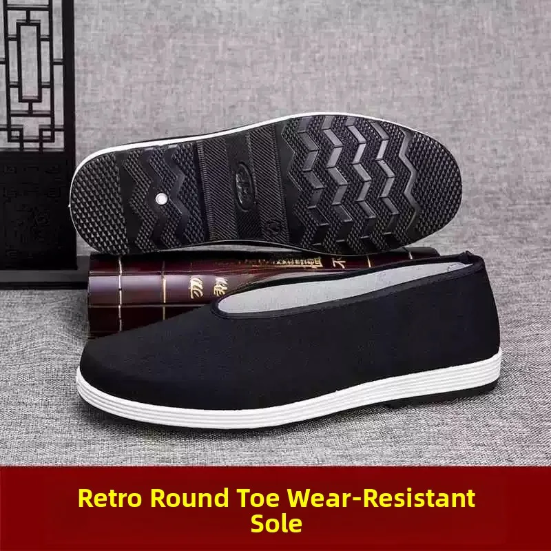 Men's Casual Soft Bottom round Toe Cloth Shoes Chinese Kung Fu Style Retro Middle-Aged And Elderly Leisure Shoes Black