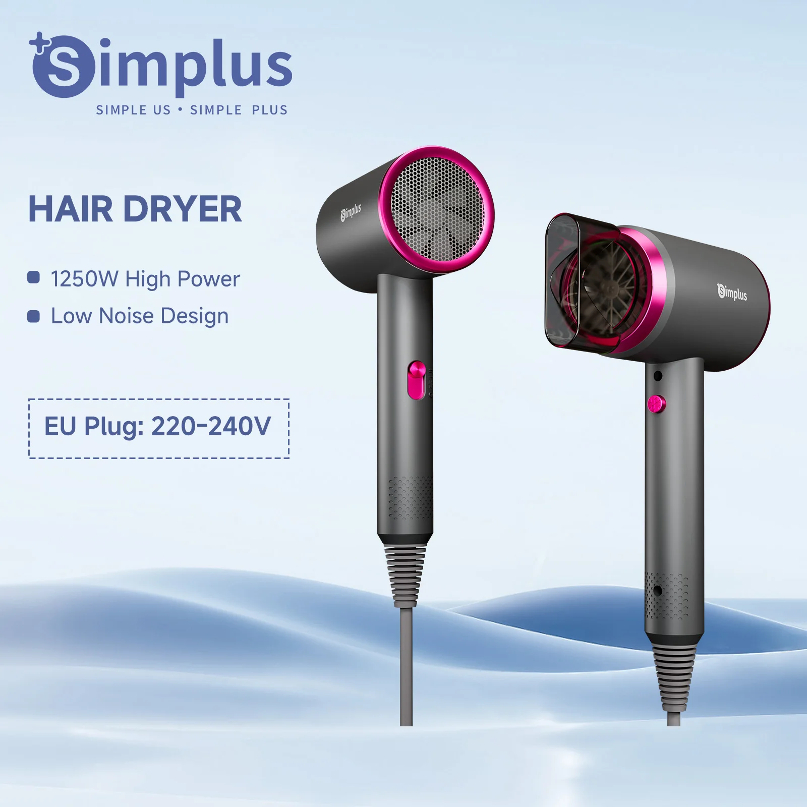 Simplus Electric Hair Dryer 1250W High Speed Negative Ions, Professional Care Hair, Low noise, Overheat protection, 220-240V