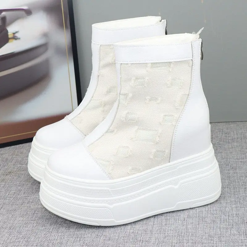 Fashion Women's 12CM Elevated Canvas Boots 10CM Wedge Sneaker Boots Stylish Comfortable Short Boots for Petite Girls