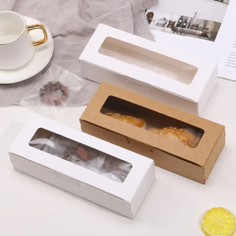 Long Leather Paper Baking Packaging Box, Pastry, Dessert, Candy, Cookie, Cake Gift Box with Clear Window, Baking Packaging Box