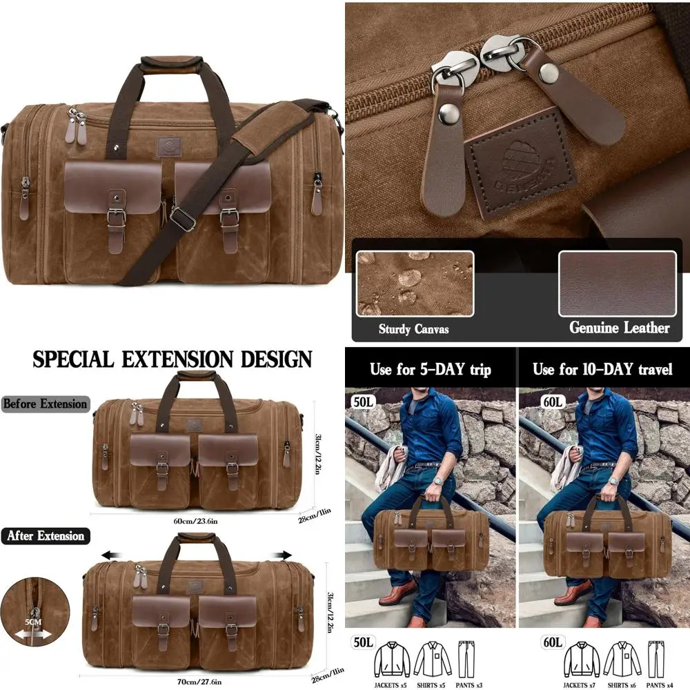 

Men's 60L Expandable Leather Travel Duffel Bag - Weekender Overnight Carry-On Luggage Bag for Weekend Trips
