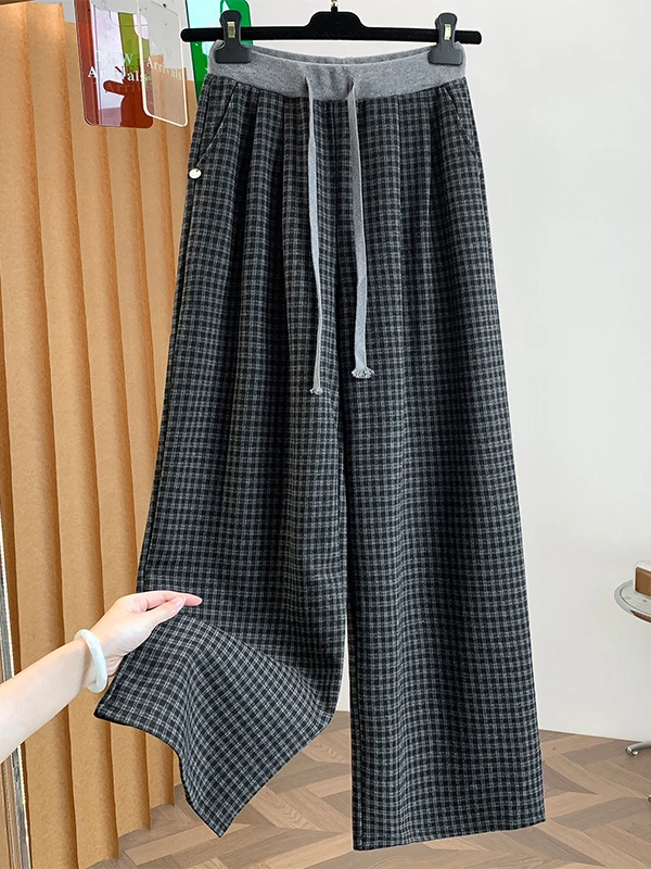 Trendy Plaid Wide Leg Pants Women's Autumn Winter Color Block High Waist Belted Casual Pants Smooth Slimming Straight Leg Pants
