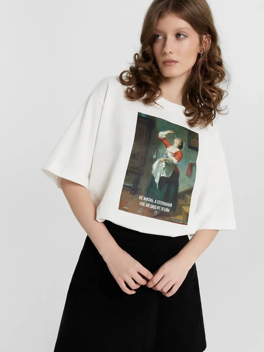 Loose Printed Cotton T-irt Faionable Casual Top Women's Summer ort Sve round Ne Creative Character Design