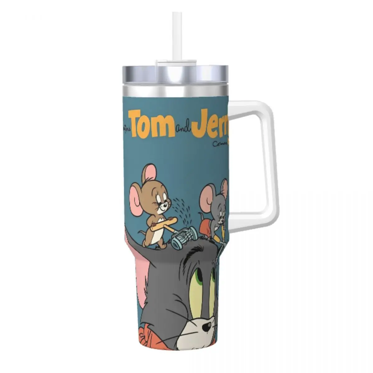 Stainless Steel Tumbler Tom And Jerry Funny Faces Fuzz Mugs Cup With Straws Animal Cat Drinks Water Bottle Large Thermal Mug