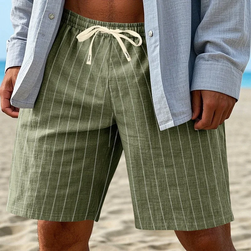 Men Shorts Summer Olive Green Drawstring Waist Short Pants Navy Blue Relaxed Fit Casual Shorts Grey Knee Length Linen Shorts