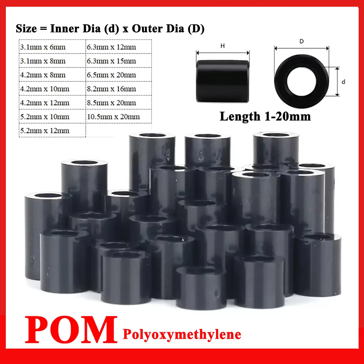 M3 M4 M5 M6 M8 M10 Black POM Bushing Washer Round Hollow Unthread Standoff Spacers Insulated Plastic Gasket Length 1-20mm