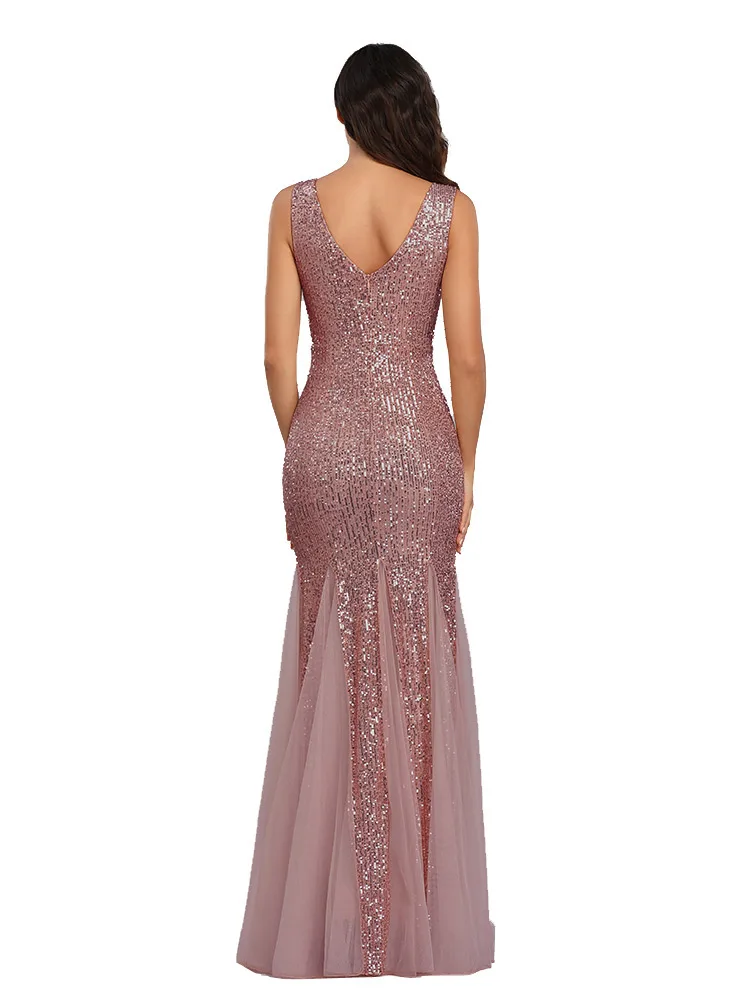 Sequin Spliced Mesh Mermaid Plus Size Evening Gown Double V Neck Sleeveless Hot Selling Bridesmaid Stretch Dress Prom Gown