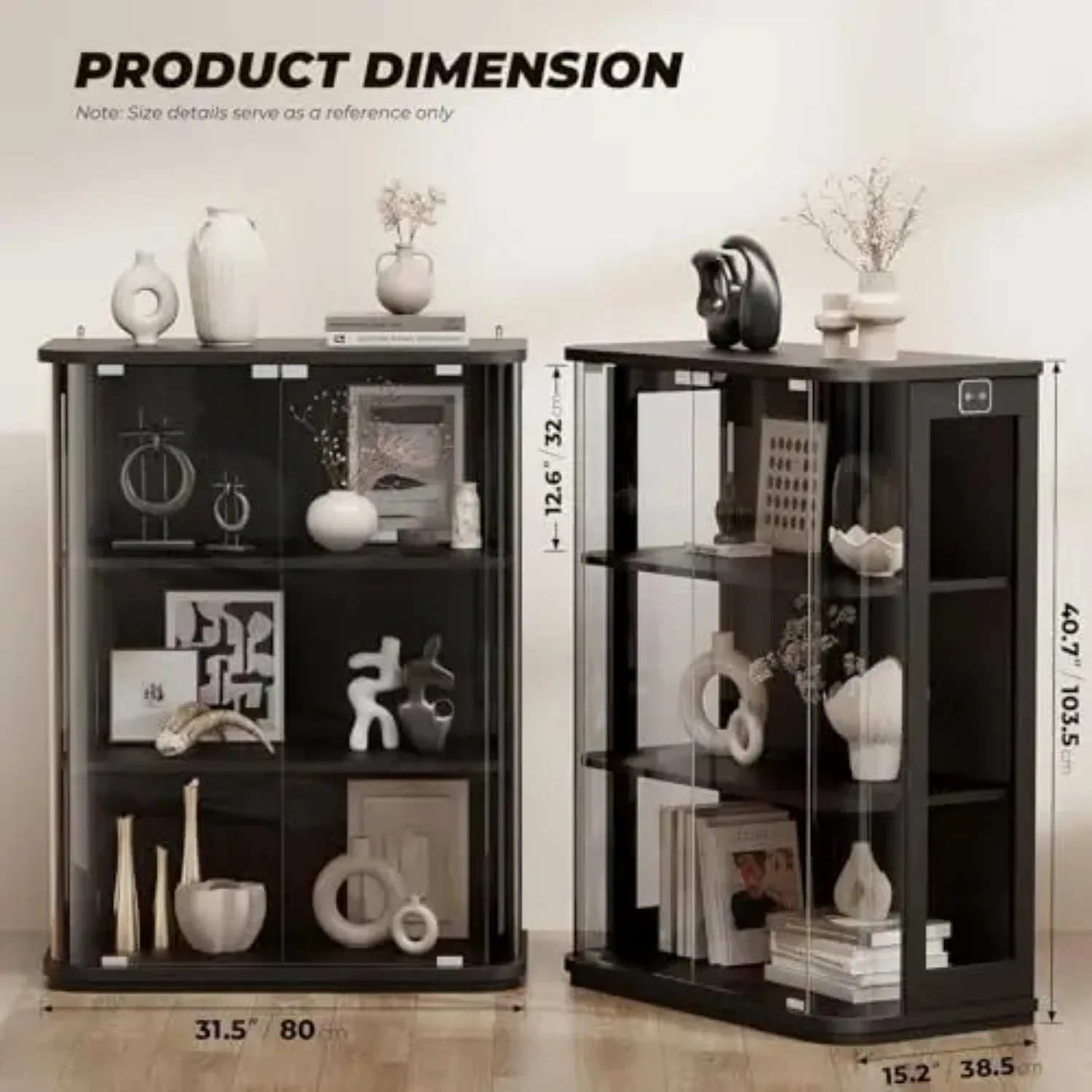 3-Tier Rounded Display Cabinet with Lights&Human Body Sensor Black | Display Case With Glass Door,Curio Cabinet with 3