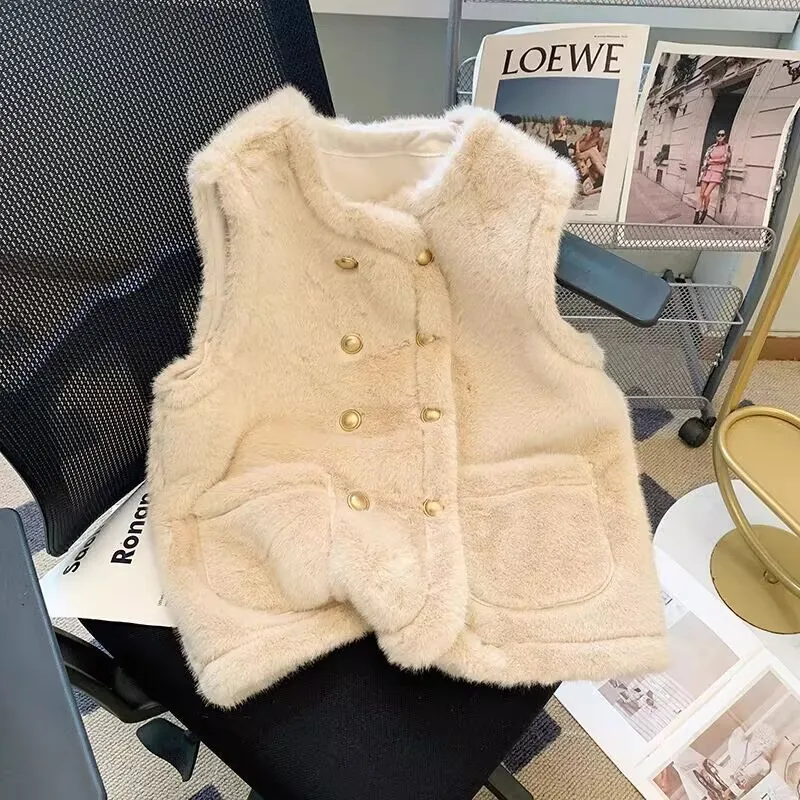 

Women's Imitation Mink Fur Vests Autumn Winter New Fashion Beige Sleeveless Cardigan Double-row Buckle Vest Coats Female Outwear