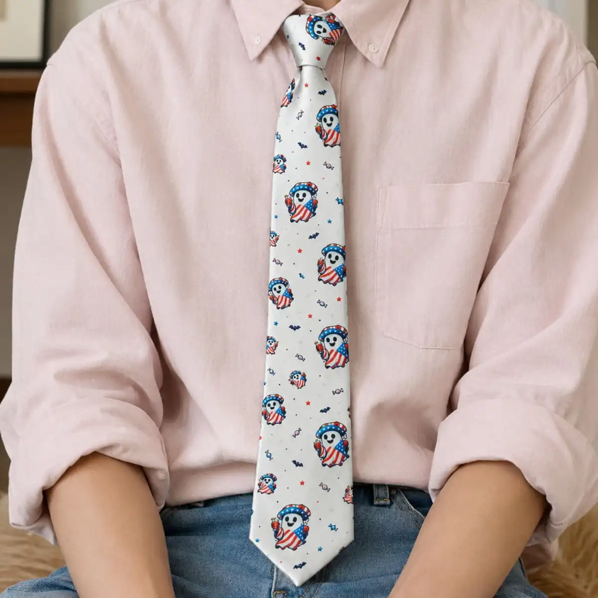 Funny American Flag Ghost Necktie, 4th of July Halloween Novelty Tie, Patriotic Cartoon Printed Neck Tie For Men Holiday
